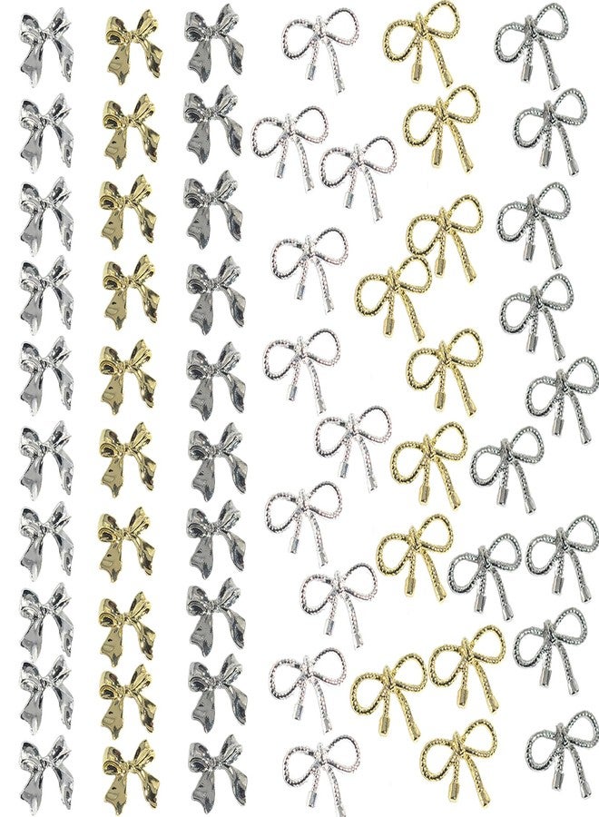 Maigitur 60pcs 3D Metal Bow Nail Charms - Alloy, Crystal - Gold, Gray, Silver - 6 Styles, 10pcs Each - Nail Art Decoration - Image 1